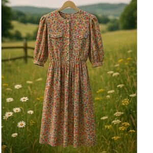 VINTAGE 80s Breli Originals Multicolor Floral Cottagecore Prairie Dress Size 10